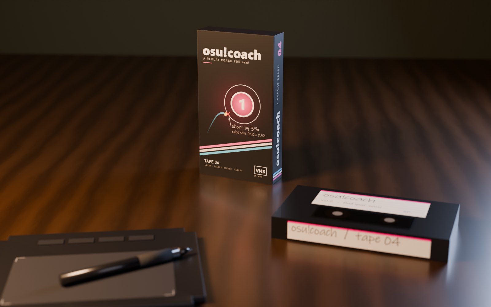 The osu!coach VHS box on a walnut table. The cover shows a pink hit circle with the cursor landing short of it and a handwritten note: short by 3%, raise sens 0.50 to 0.52. The cassette lies beside it with a handwritten label, and a small pen tablet with its pen is in the foreground.