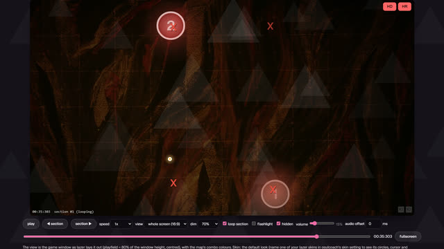 The replay viewer paused in a struggle section, misses marked with red crosses