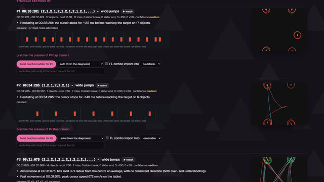 Struggle sections with timestamps, the reason for each, key presses and a build practice ladder button