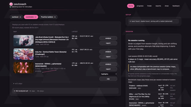 The home page: osu!lazer, osu!stable and practice ladder tabs, recent plays with pp and a progress line